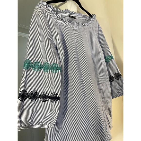 Talbots Small Blue/White Striped Embroidered Coastal Boho Bishop Cotton Top Work - Picture 3 of 8